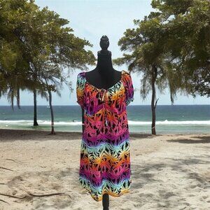 Women's 0X Off-Shoulder Sundress Palm Tree Print Beach Silky Colorful‎ Cruise